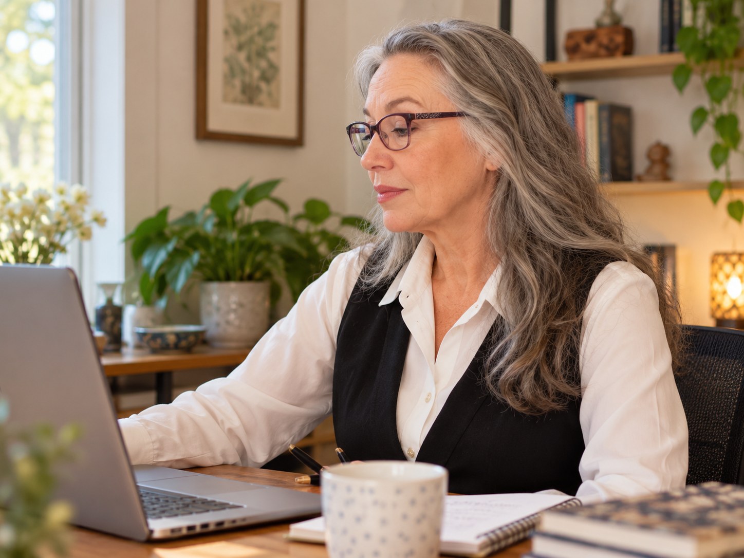 Paula Conner seated at her desk in a home office.